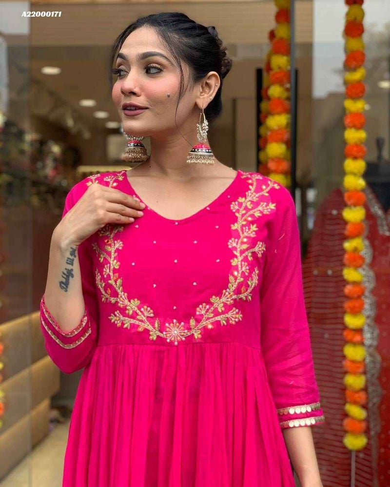 Step into Elegance: Unveiling the TREND BUY Women's Pink Georgette Gown with Frill Dupatta