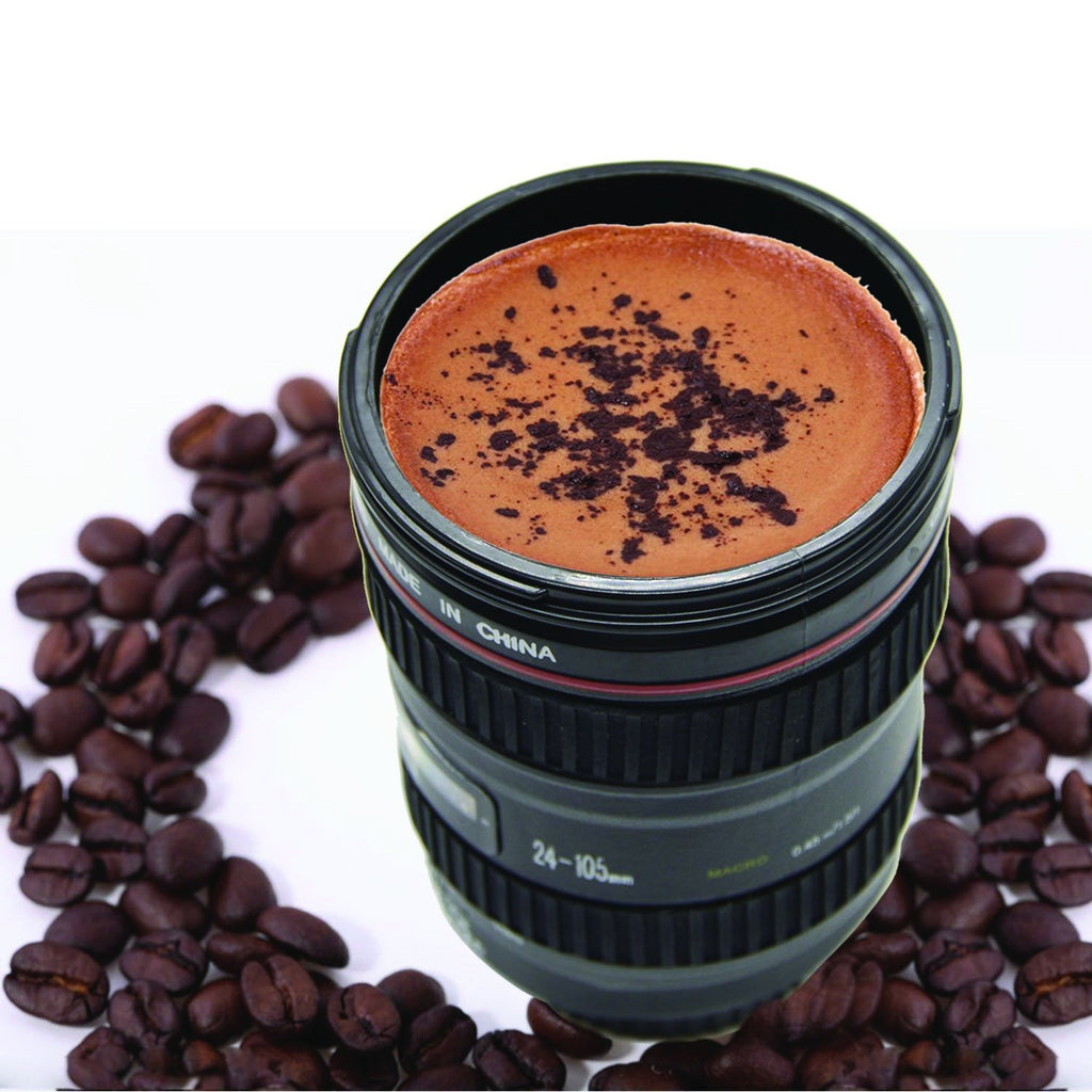 Camera lens shaped coffee mug flask with lid