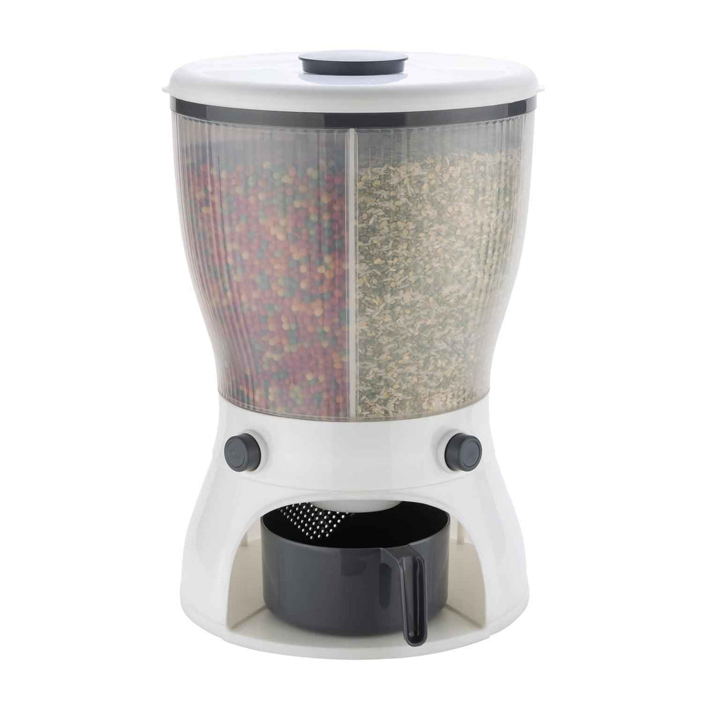 Transparent 4in1 rice dispenser & grain storage container for kitchen organization.