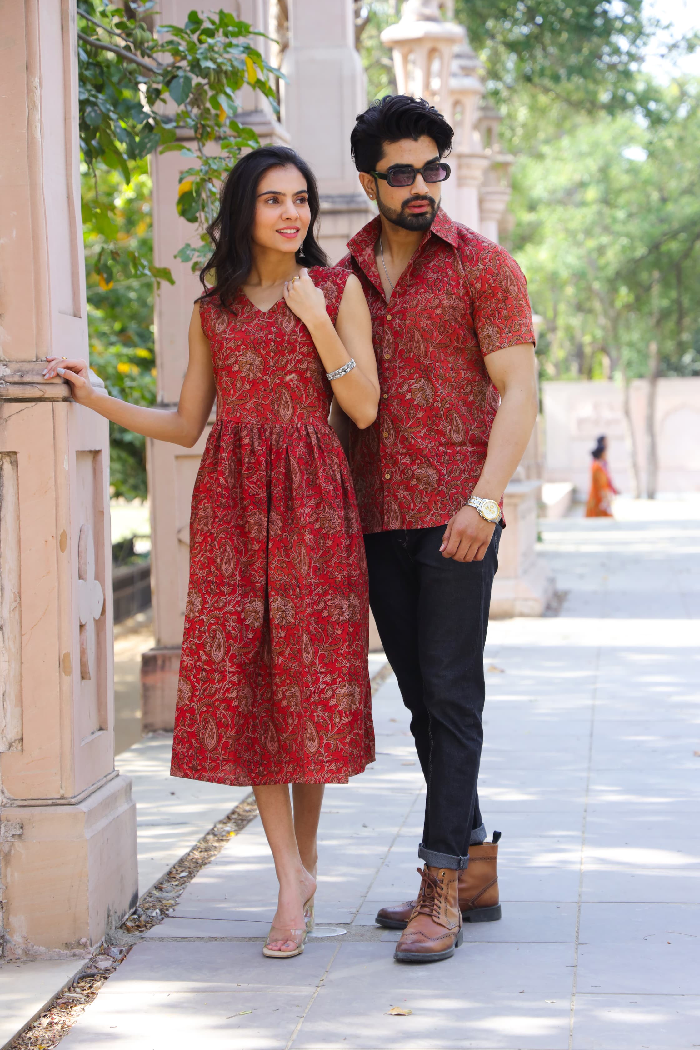 Trendy Matching Couple Set Cotton - One Piece & Half Sleeve Shirt