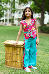 Girls Adele Printed Waist Coat and Solid Pants set - Pink & Turquoise | TRENDBUY