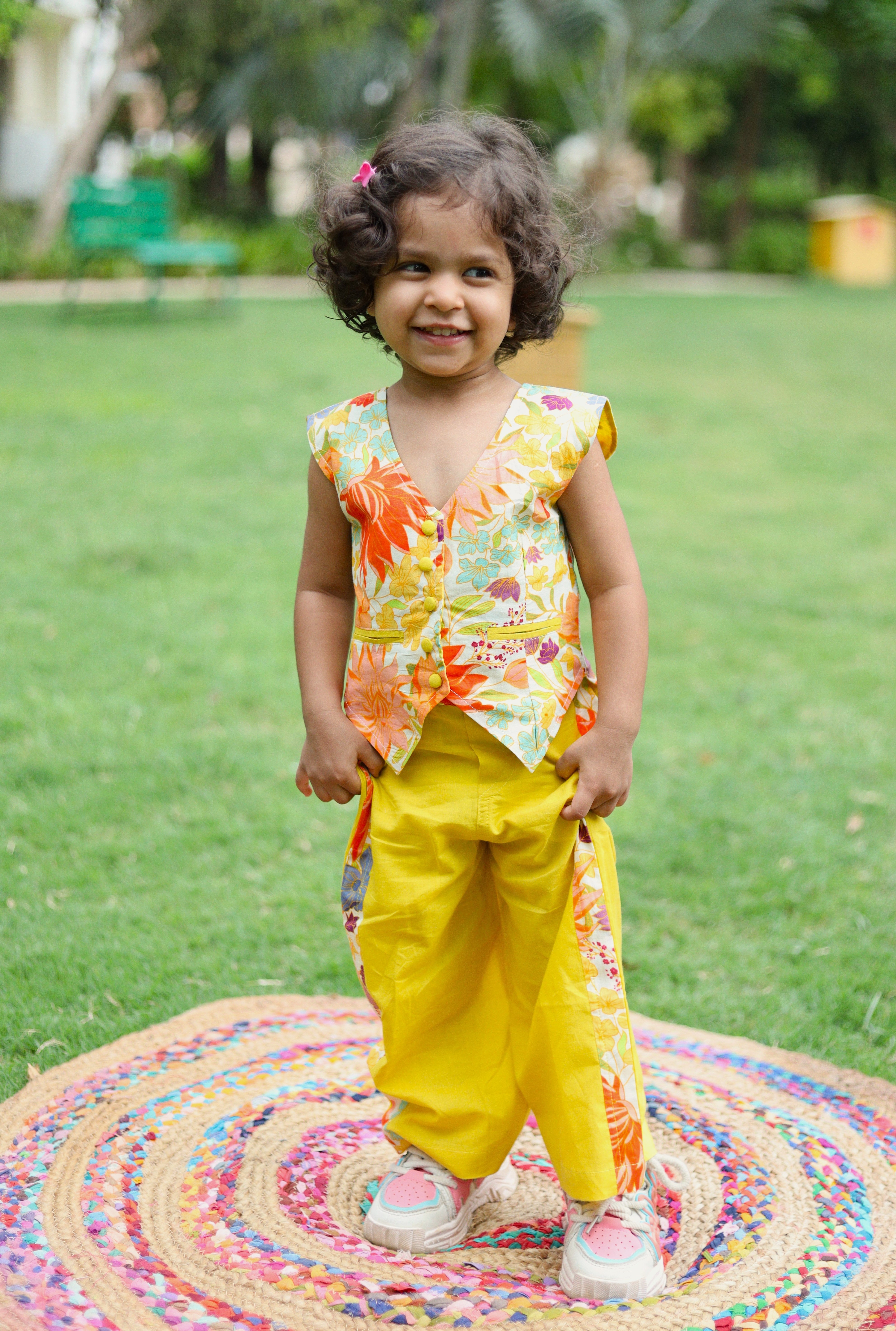 Girls Adele Printed Waist Coat and Solid Pants set - Floral Yellow