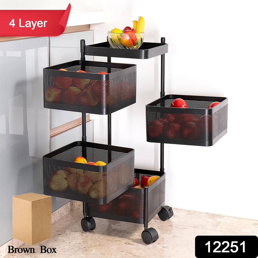 High-quality 4-layer metal square kitchen trolley with wheels for storage