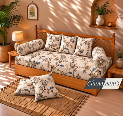 100% Pure Cotton Diwan Set 63x93 - Purple Floral Print with 8 Pcs Cushion and Bolster Covers
