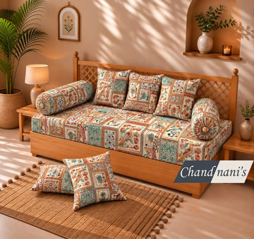 100% Pure Cotton Diwan Set Bedsheet 63x93 - Beige Multi-Print with 5 Cushion and 2 Bolster Covers