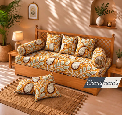 100% Pure Cotton Diwan Set Bedsheet 63x93 - Beige Multi-Print with 5 Cushion and 2 Bolster Covers