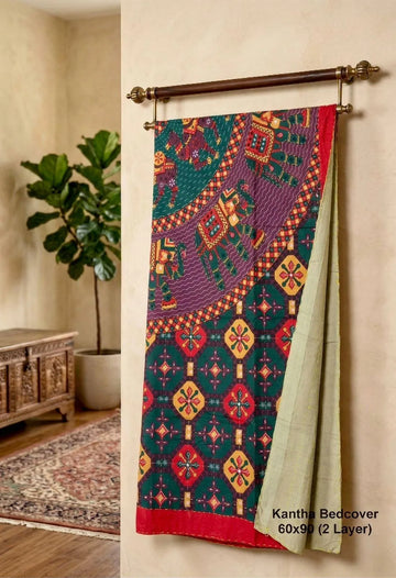 100% Pure Cotton Single Bed Bedsheet 60x90 - Green Red Elephant Kantha Print with 2 Pillow Covers