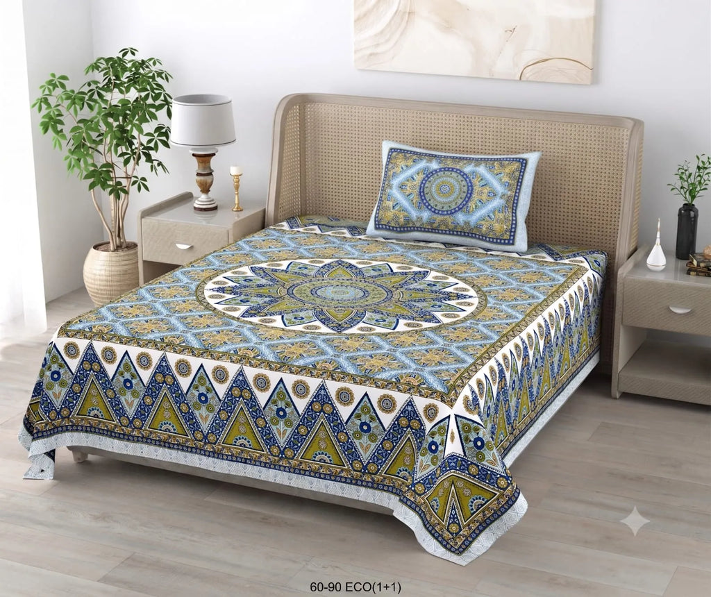 Blue and olive mandala print cotton single bedsheet with matching pillow cover on bed