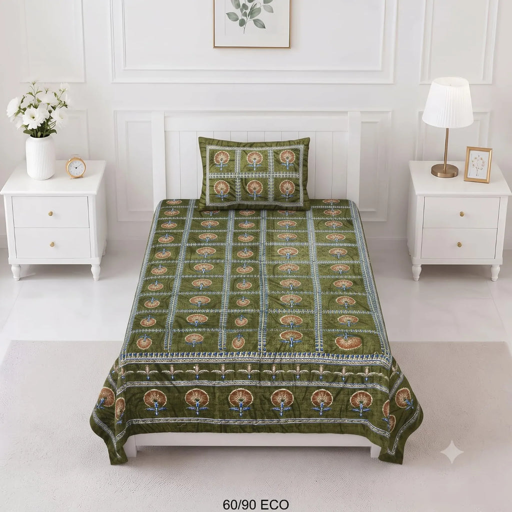 Olive green floral cotton single bedsheet on white bed with matching pillow cover
