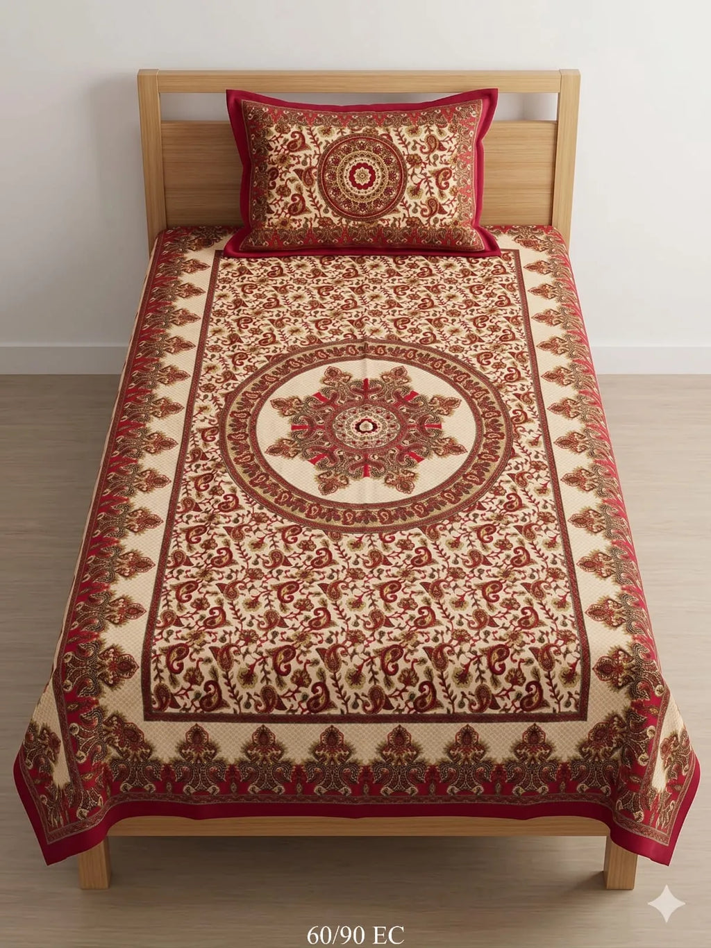 Red and cream floral single bedsheet with matching pillow cover on wooden bed