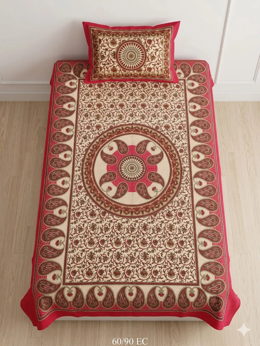 Red and cream paisley print single bedsheet with matching pillow cover laid flat