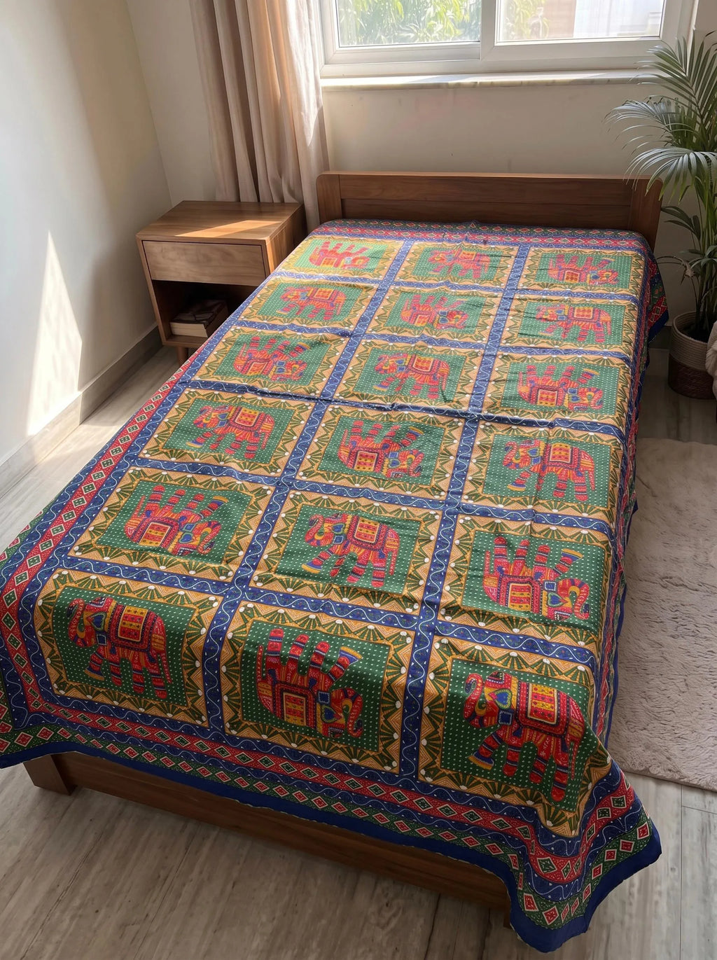 Blue and green single bedsheet with traditional elephant panel print on wooden bed