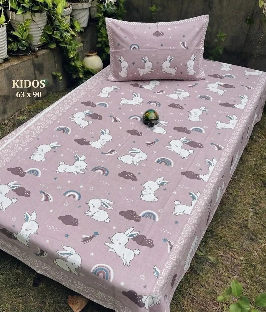 Dusty pink pure cotton single bedsheet with cute bunny print and matching pillow cover