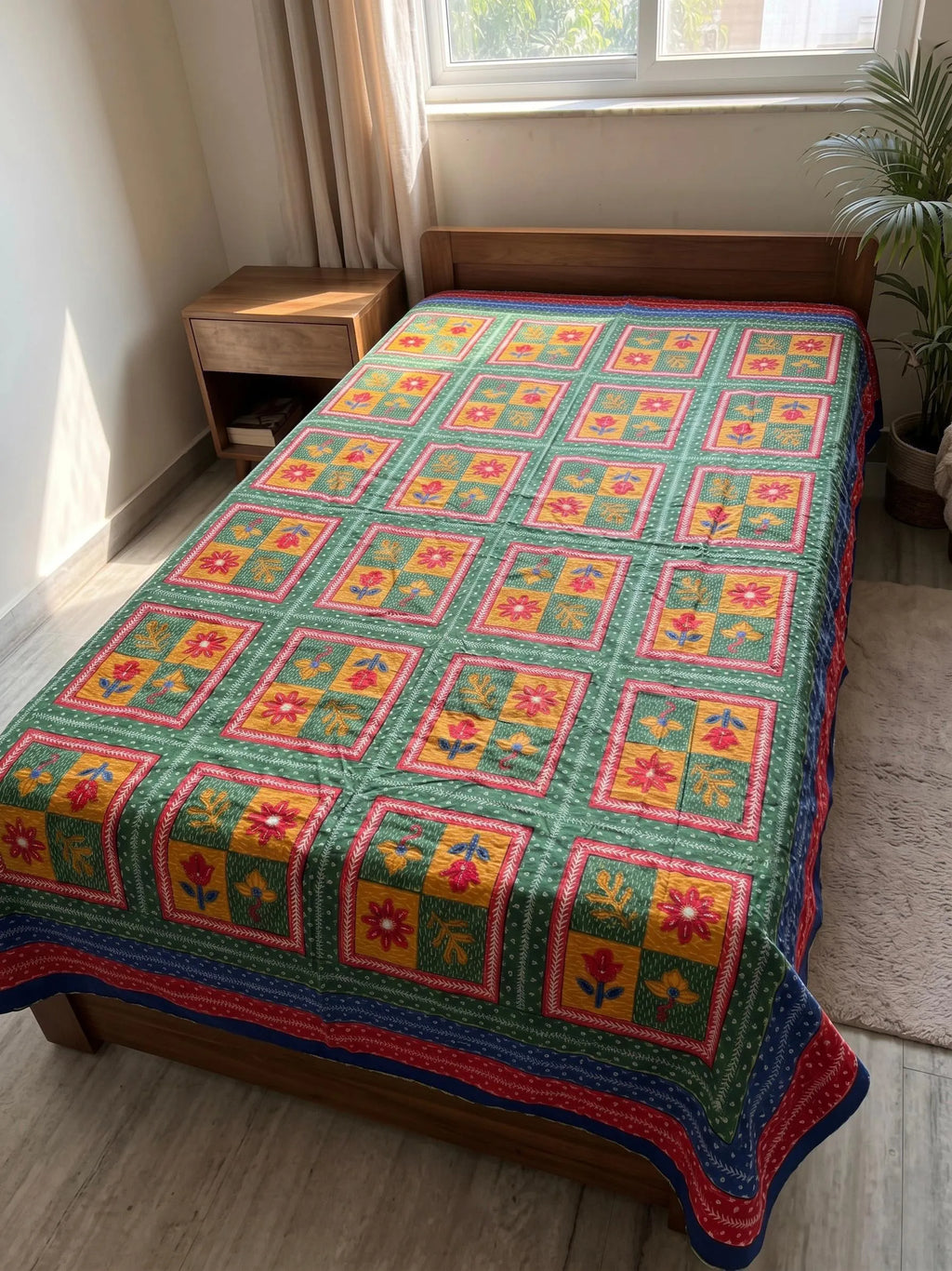 Green cotton single bedsheet with colorful floral square kantha print on wooden bed