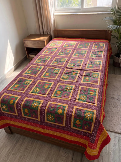 100% Pure Cotton Single Bedsheet 60x90 - Green Floral Kantha Work with 2 Pillow Covers