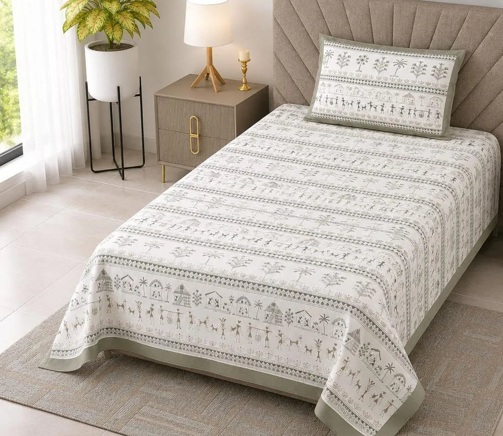 Green folk art print single bedsheet on bed with matching pillow cover
