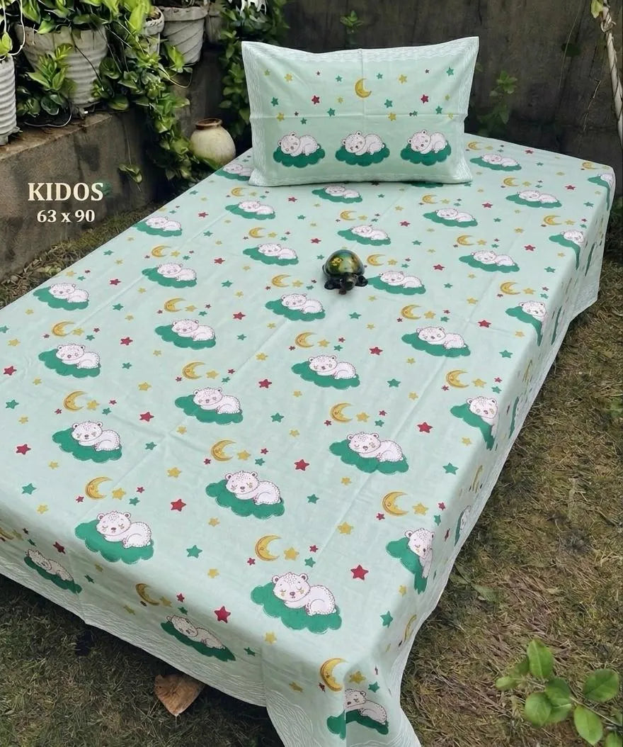 Mint green pure cotton single bedsheet with sleeping bear print and 1 pillow cover