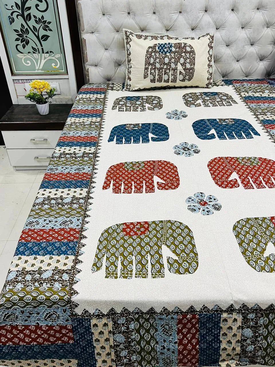 Barmeri print single bedsheet with elephant pattern and matching pillow cover on white bed