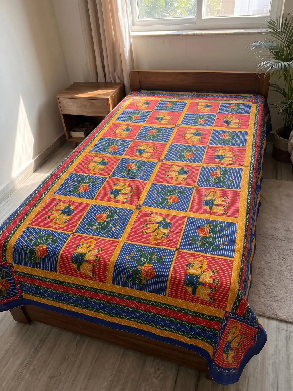 Hand embroidered kantha work single bedsheet with elephant print on wooden bed