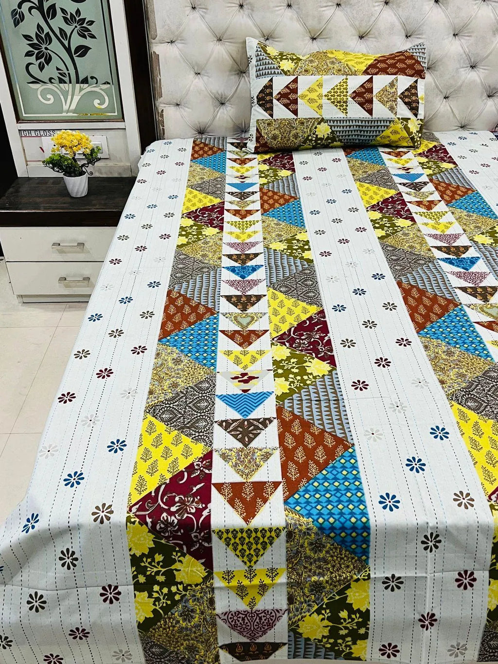 100% pure cotton single bedsheet with multi triangle geometric print and matching pillow cover