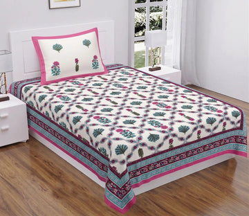 100% Pure Cotton Single Bedsheet 60x90 - Pink Teal Floral Print with 1 Pillow Cover