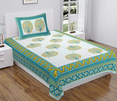 100% Pure Cotton Single Bedsheet 60x90 - Pink Teal Floral Print with 1 Pillow Cover