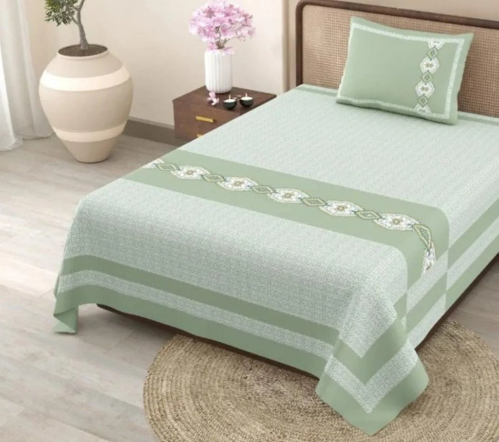Sage green cotton single bedsheet with geometric center border and matching pillow cover