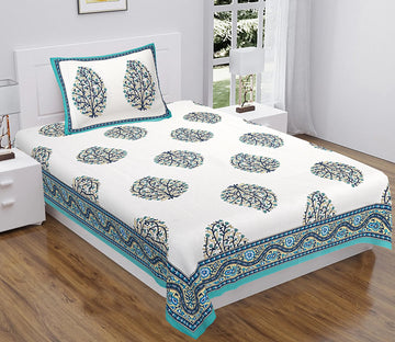 100% Pure Cotton Single Bedsheet 60x90 - Teal Botanical Block Print with 1 Zipped Pillow Cover