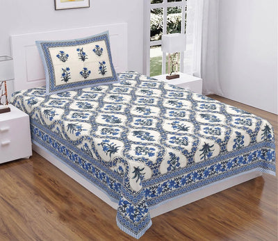 100% Pure Cotton Single Bedsheet 60x90 - Teal Botanical Block Print with 1 Zipped Pillow Cover