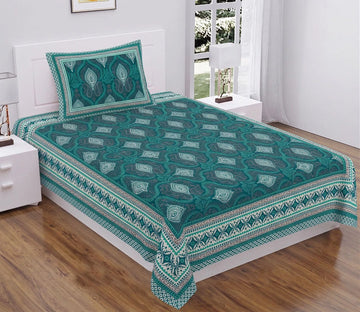 100% Pure Cotton Single Bedsheet 60X90 - Teal Green Traditional Dabu Print with 1 Zipped Pillow Cover