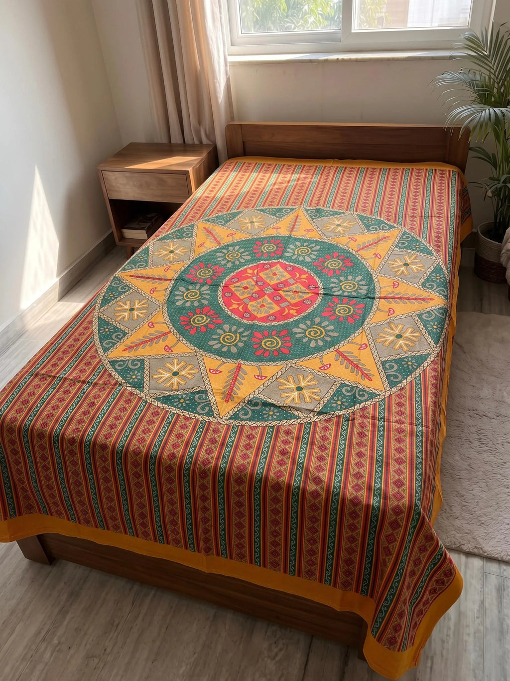 Yellow and green kantha work single bedsheet on wooden bed