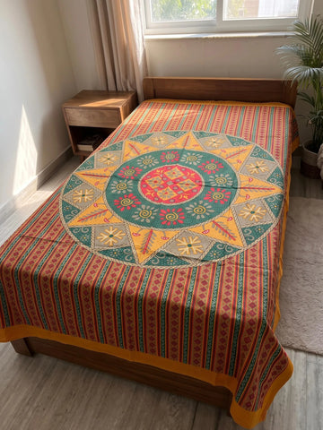 100% Pure Cotton Single Bedsheet 60x90 - Yellow Mandala Print with 2 Pillow Covers