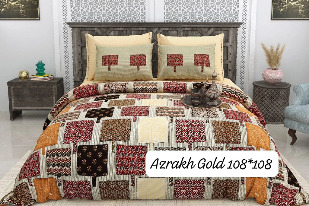 Azrakh Gold 108x108 pure cotton super king bedsheet with geometric tree print and pillow covers