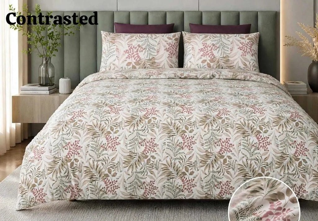 Beige botanical leaf print pure cotton super king bedsheet with matching pillow covers on bed