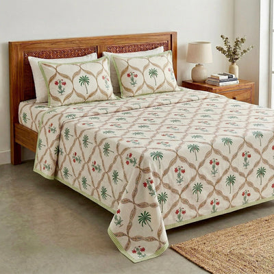 100% Pure Cotton Super King Bedsheet 108x108 - Beige Green Floral Print with 2 Pillow Covers