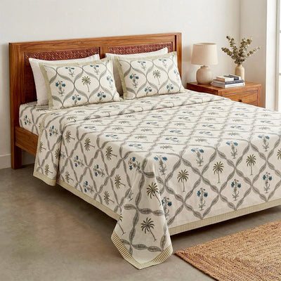 100% Pure Cotton Super King Bedsheet 108x108 - Beige Green Floral Print with 2 Pillow Covers
