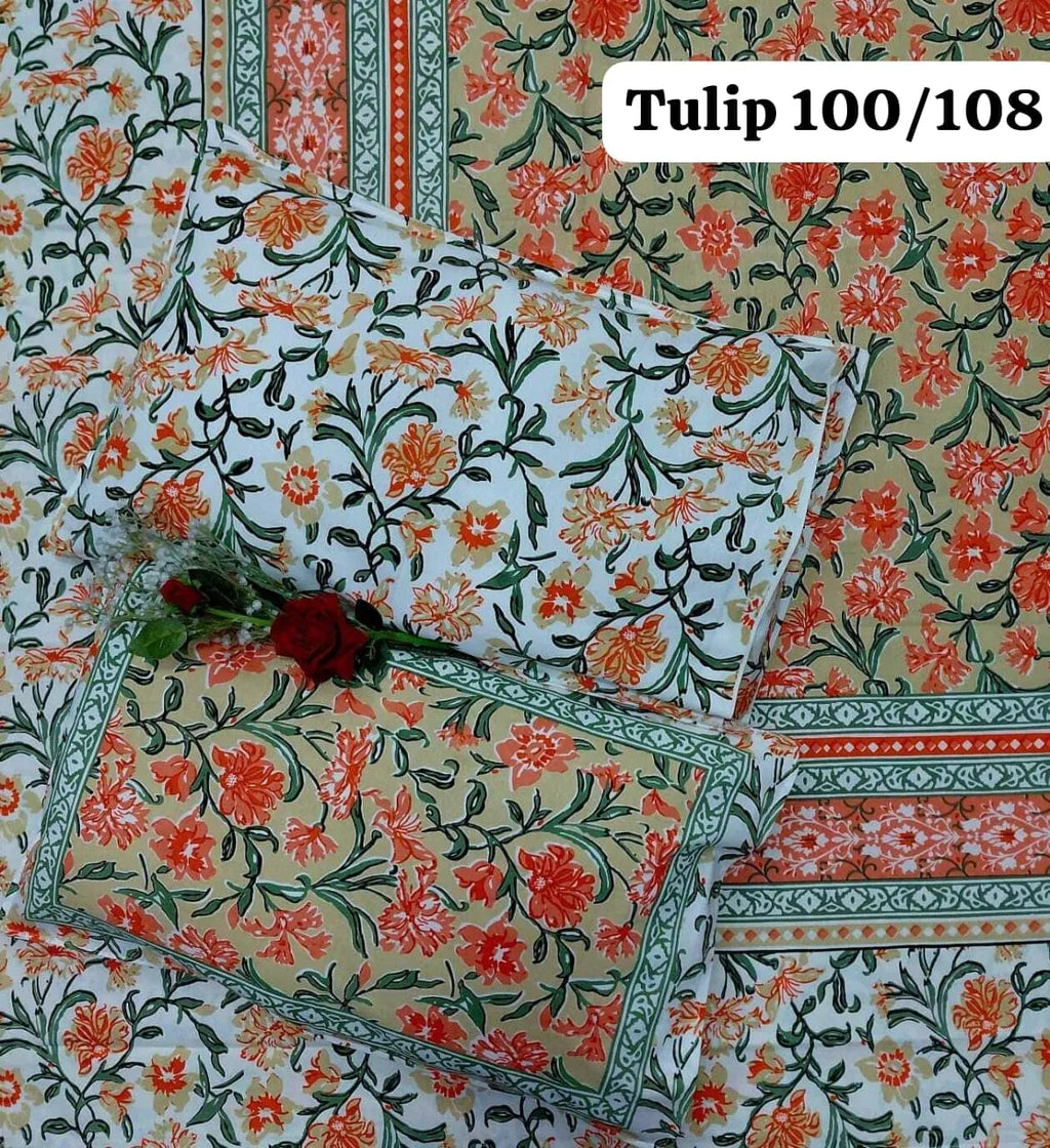 Beige and orange floral print pure cotton super king bedsheet with matching pillow covers