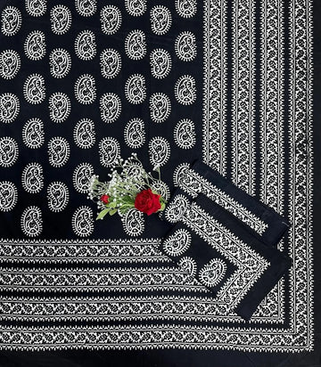 100% Pure Cotton Super King Bedsheet 108x108 - Black Paisley Print with 2 Pillow Covers