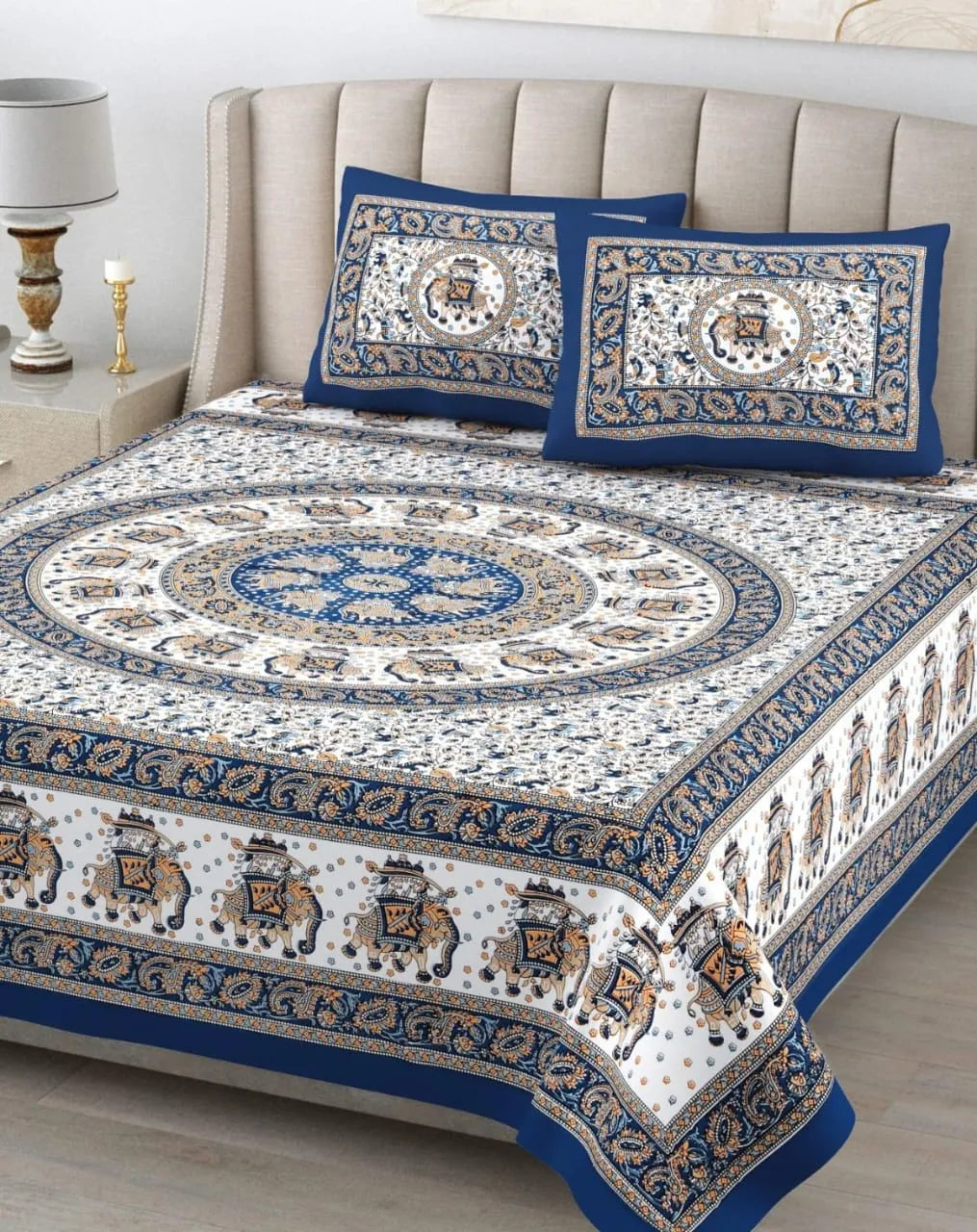 Blue elephant print pure cotton super king bedsheet with pillow covers