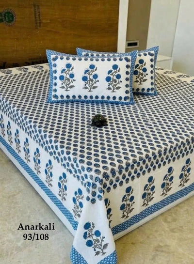 100% Pure Cotton Super King Bedsheet 108x108 - Blue Floral Print with 2 Pillow Covers