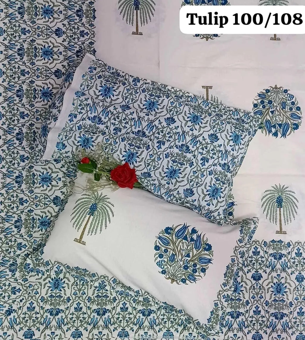 Blue and green floral print pure cotton bedsheet with matching pillow covers