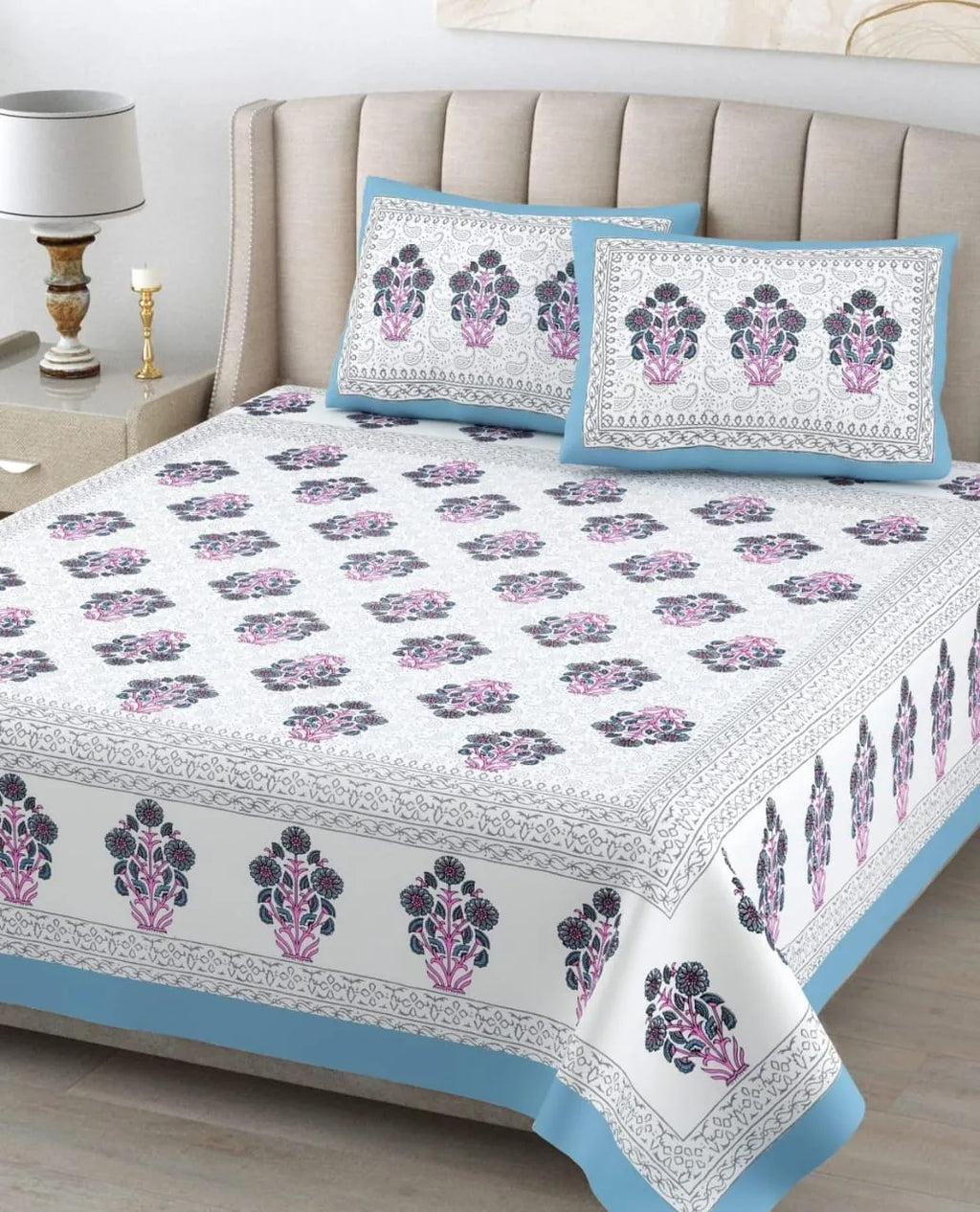 White and blue floral print pure cotton double bedsheet with matching pillow covers