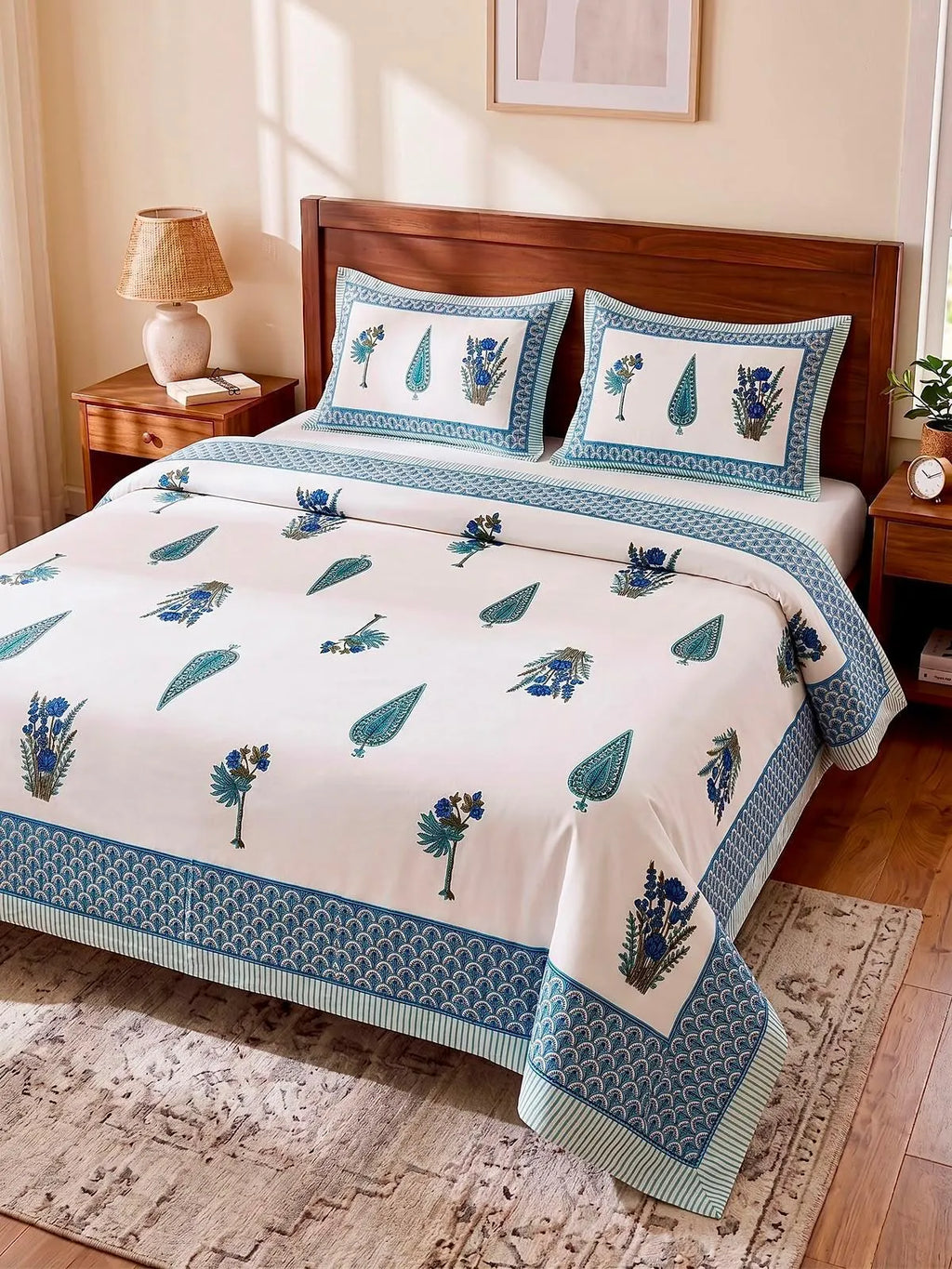 Blue and white floral print super king cotton bedsheet with two matching pillow covers on wooden bed
