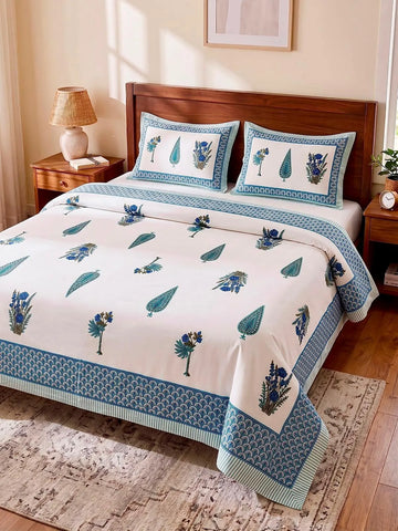100% Pure Cotton Super King Bedsheet 108x108 - Blue Floral Print with 2 Pillow Covers