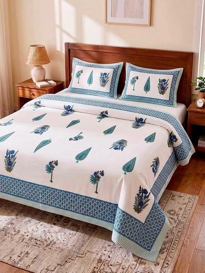 100% Pure Cotton Super King Bedsheet 108x108 - Blue Floral Print with 2 Pillow Covers