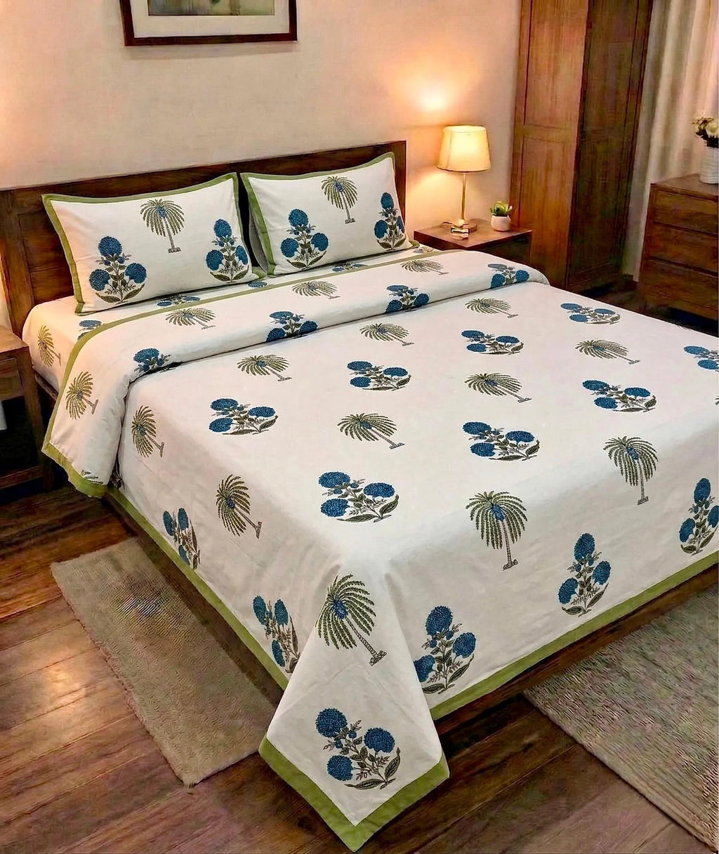 100% pure cotton super king bedsheet with blue floral print and two pillow covers