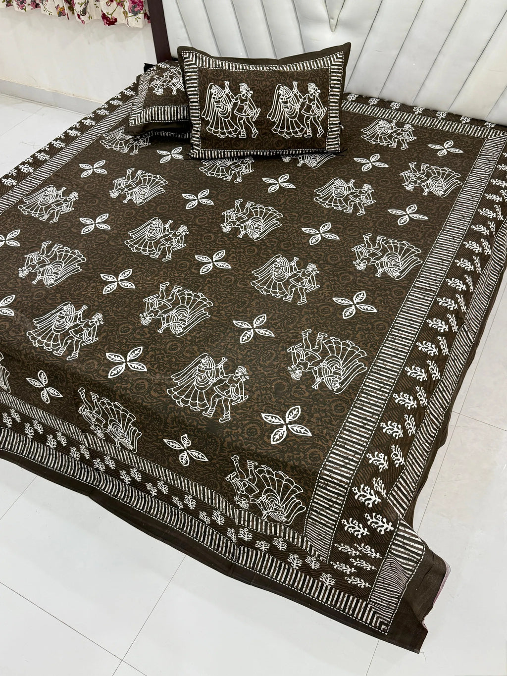 Brown pure cotton double bedsheet with traditional folk print and 2 zipped pillow covers
