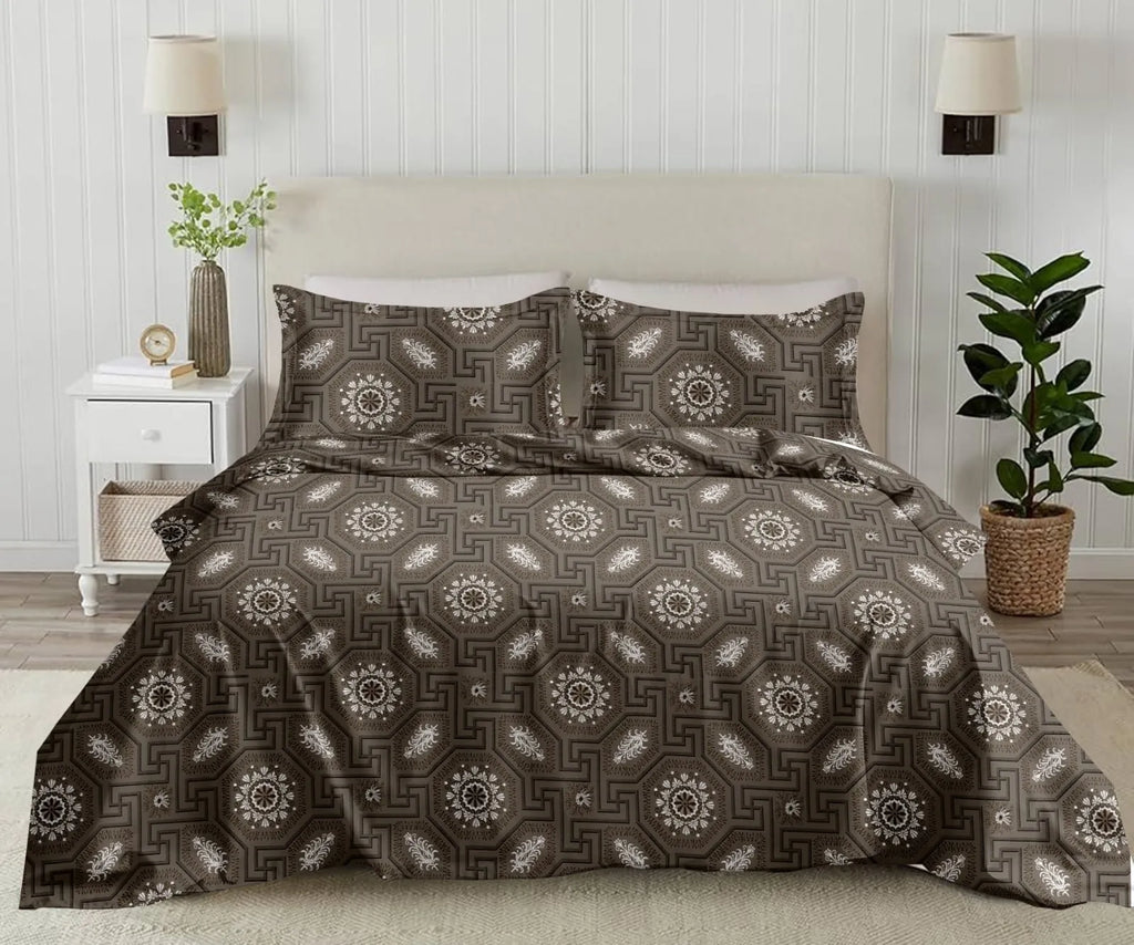 Brown geometric print cotton super king bedsheet with matching pillow covers on bed