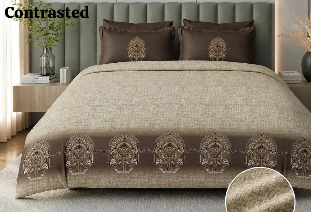 Brown pure cotton super king bedsheet 108x108 with traditional heritage motif and matching pillow covers