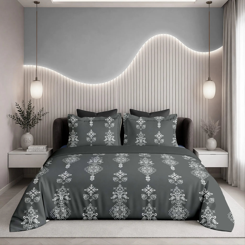Charcoal grey cotton super king bedsheet with ethnic motif print and pillow covers